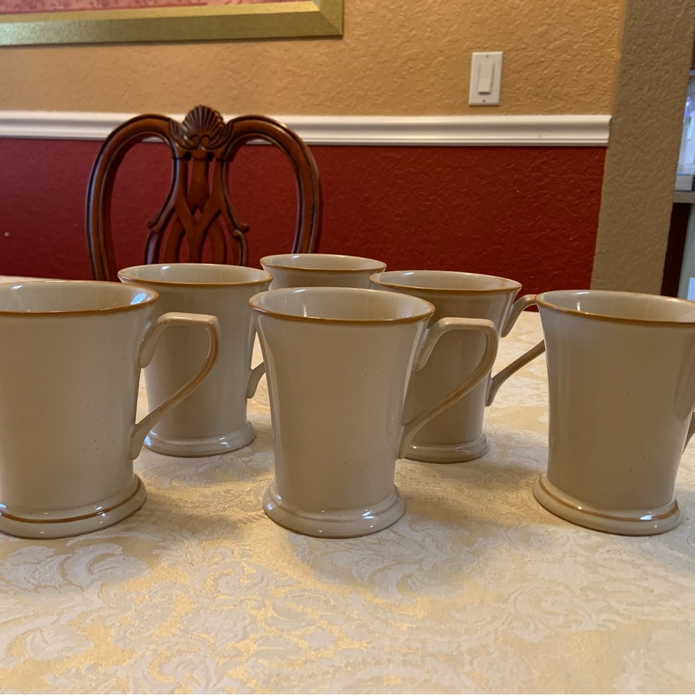 Classic Cream Stoneware Prairie Mugs with Brown Rim - Set of 6